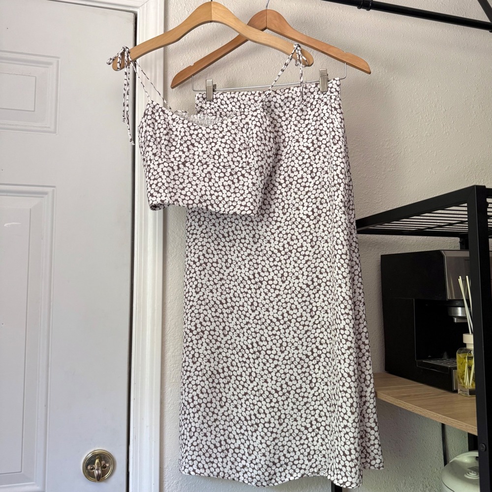 NWT RESA white brown printed smocked cropped tank top pull on midi skirt set